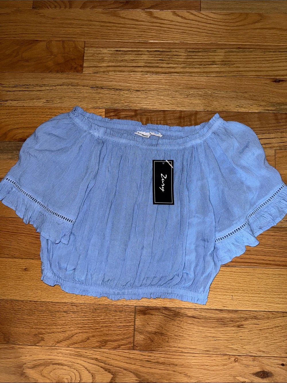 Zuny Sky Blue Off-Shoulder Ruffle Crop Top
